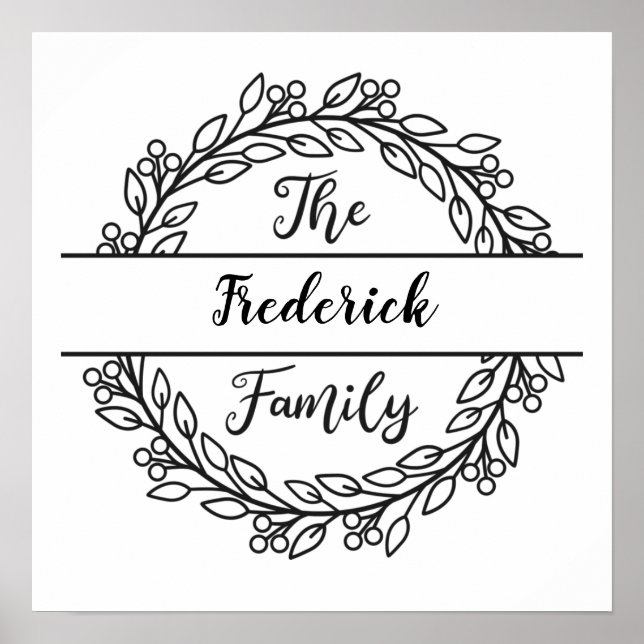 Monogram Family Name Wreath Black White Leaves Poster (Framsidan)