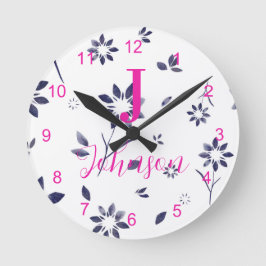 Monogram Family Namn Blue-Blommigt Rund Klocka