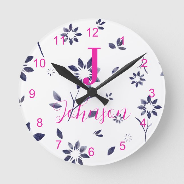 Monogram Family Namn Blue-Blommigt Rund Klocka (Framsida)