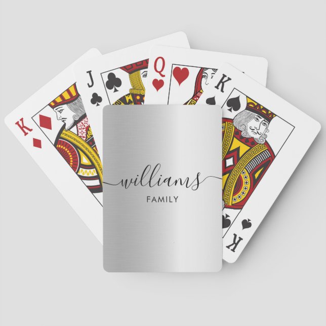 Monogram Family Namn Faux Silver Casinokort (Baksidan)