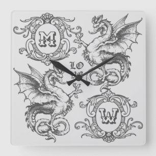 Monogram Fantasy Medieval Dragon Ornate Ram Fyrkantig Klocka