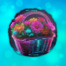 Monogram Färgad Flowers i Basket | Rund Kudde