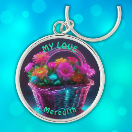 Monogram Färgad Flowers i Basket | Rund Silverfärgad Nyckelring