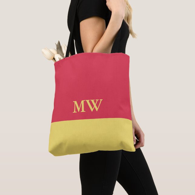 Monogram Färgblock Väska Mörk Rosa och Gul (Närbild)