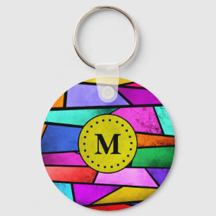Monogram färgfull, fastkedjad geometrisk nyckelked nyckelring