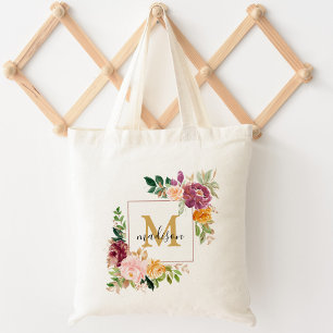 Monogram Färgglad Akvarell Ros Floral Botanisk Tygkasse