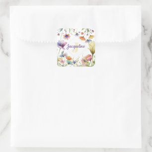 Monogram Färgglad Vild Blomma Illustrerad Fyrkantigt Klistermärke