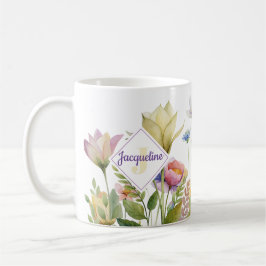 Monogram Färgglad Vild Blomma Illustrerad Kaffe Kaffemugg