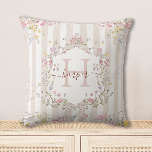 Monogram Färgglada Blommig Rokoko Ränder Anpassade Kudde (Skapare uppladdad)