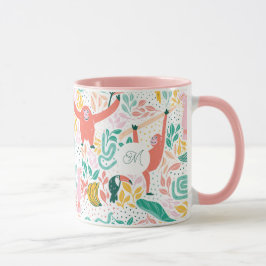 Monogram Färgglada Glada Djur i Djungeln Rosa Mugg