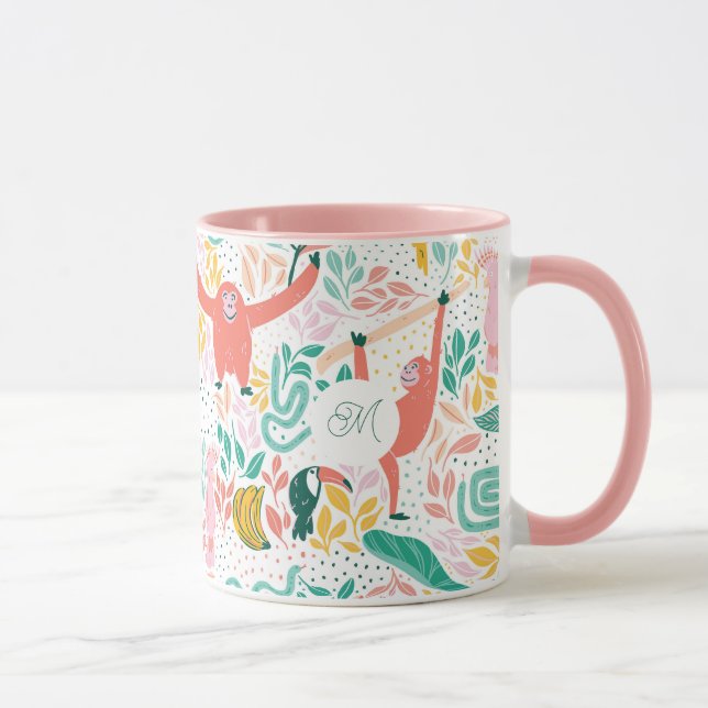 Monogram Färgglada Glada Djur i Djungeln Rosa Mugg (Höger)