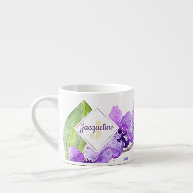 Monogram färglöst vattenfärg Orchid-design Espressomugg (Vänster)