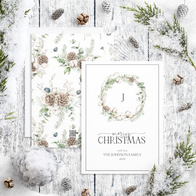 Monogram Farmhouse Greenery Wandan God jul Julkort (Skapare uppladdad)