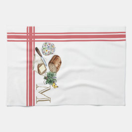 Monogram Farmhouse Kitchen Towel Rhubarb Red Örter Kökshandduk