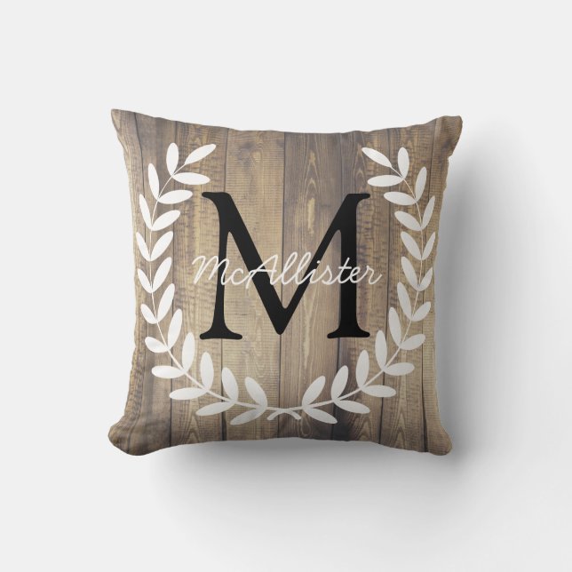Monogram Farmhouse White Laurels Light Wood Planks Kudde (Framsida)