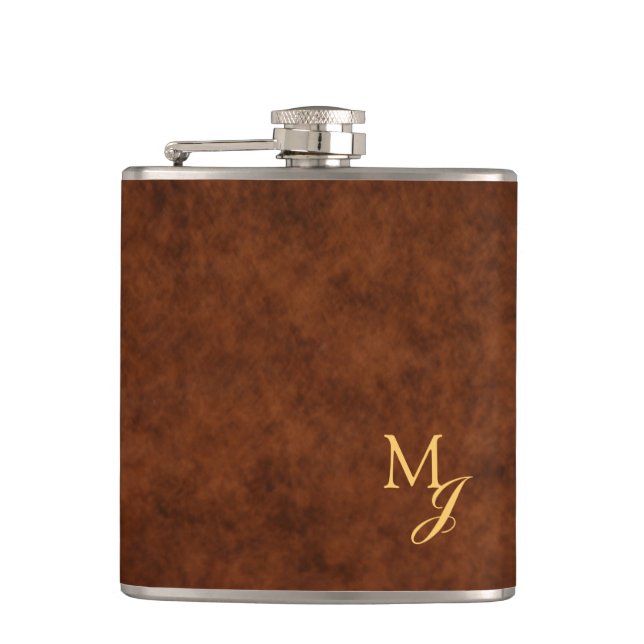 Monogram Faux Brown Leather Flask Fickplunta (Framsidan)