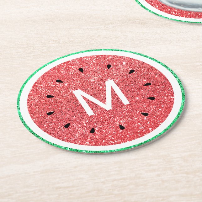 Monogram faux glitter vattenmelon underlägg papper rund (Vinklad)