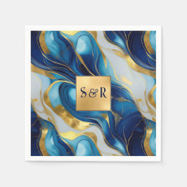 Monogram Faux Guld, Blue och White Marcular Bröllo Pappersservett