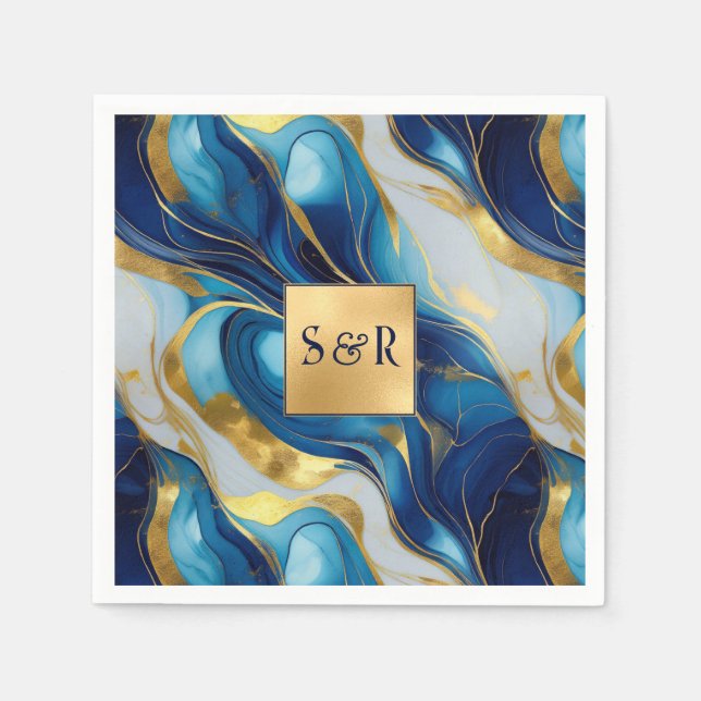 Monogram Faux Guld, Blue och White Marcular Bröllo Pappersservett (Framsidan)