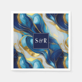 Monogram Faux Guld, Blue och White Marcular Bröllo Pappersservett