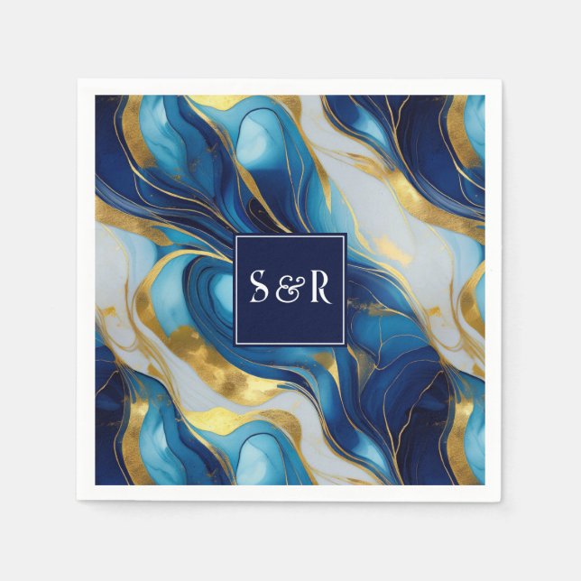 Monogram Faux Guld, Blue och White Marcular Bröllo Pappersservett (Framsidan)