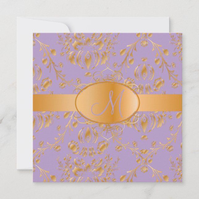 Monogram faux guld damm/lavender inbjudningar (Framsida)