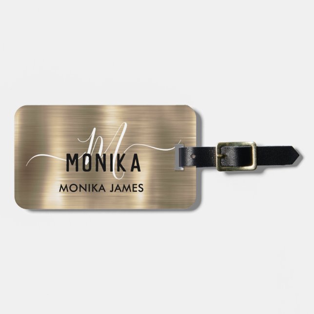 Monogram Faux Guld Metall Steel Styled Anpassnings Bagagebricka (Horisontell Framsida)