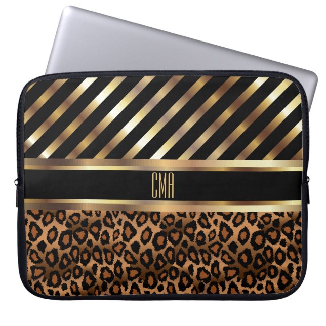 Monogram Faux Guld Rand och 🐆 Leopard Skriv ut Laptop Fodral (Framsidan)