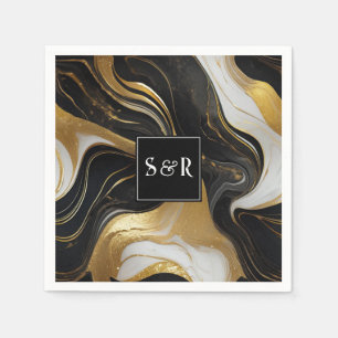 Monogram Faux Guld, Svarta och vita marmorerade Br Pappersservett