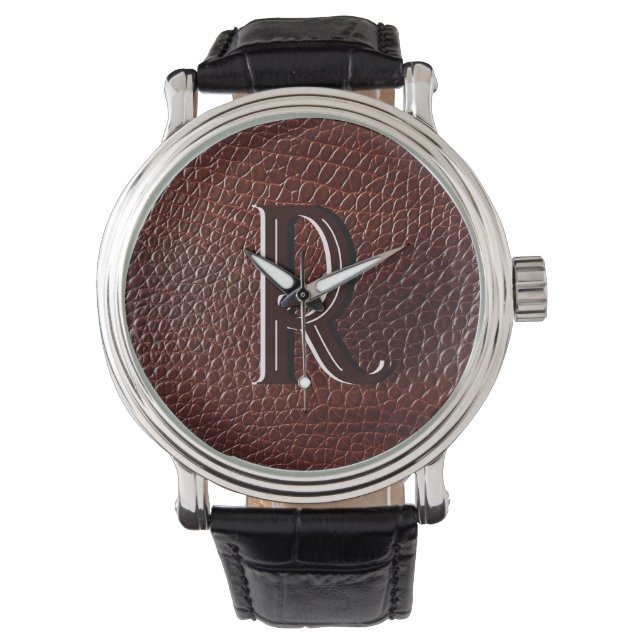 Monogram Faux Leather Brown Embossed Armbandsur (Framsida)