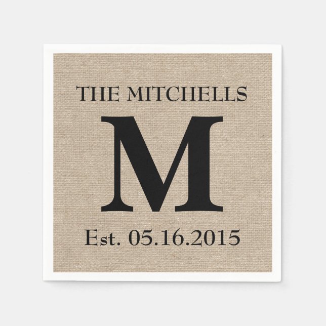 Monogram faux linen burlap rustik chic, inledande  pappersservett (Framsidan)