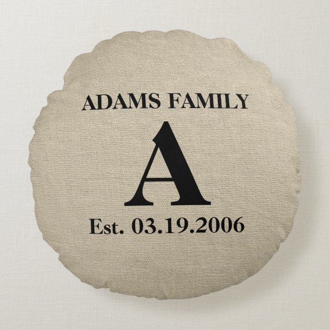 Monogram faux linen burlap rustik chic, inledande  rund kudde (Framsidan)
