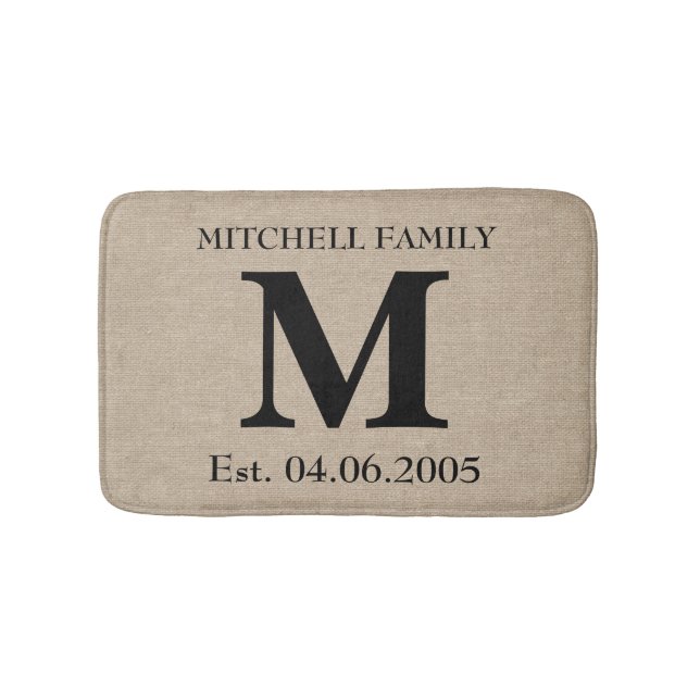 Monogram faux linen burlap rustik, inledande bröll badrumsmatta (Framsidan)