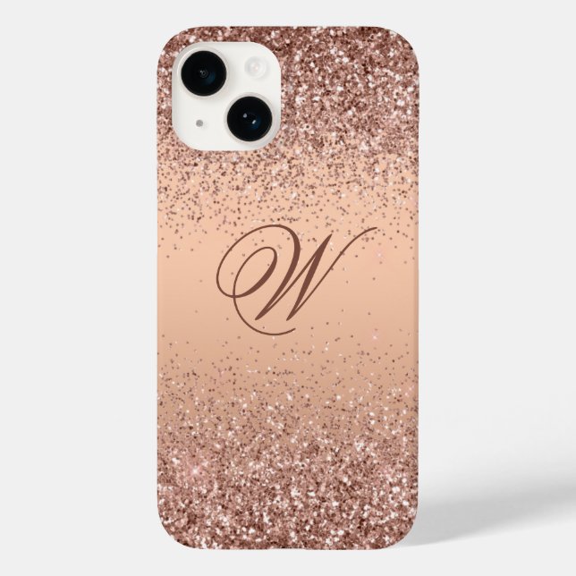 Monogram Faux Ro Guld Glitter iPhone 14 Fodral (Baksida)