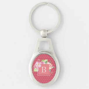 Monogram Feminina Rosa med Prickar & Blomster Rosa Ovalt Silverfärgad Nyckelring