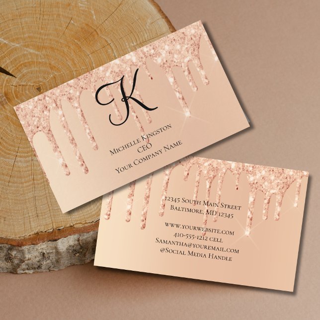 Monogram Fersken Droppande Glitter Glam Trendiga K Visitkort (Monogram Peach Dripping Glitter Feminine Glam Trendy Business Cards.)