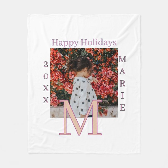 MONOGRAM FERSKEN GRÅ NAMN FOTO ÅR JUL HOLI FLEECEFILT (Framsidan)