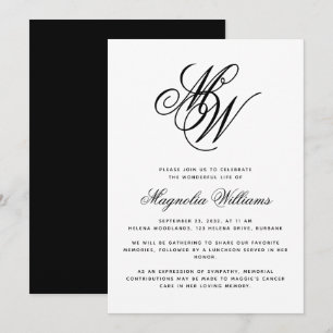 Monogram Firande of Life Memorial Service Inbjudningar