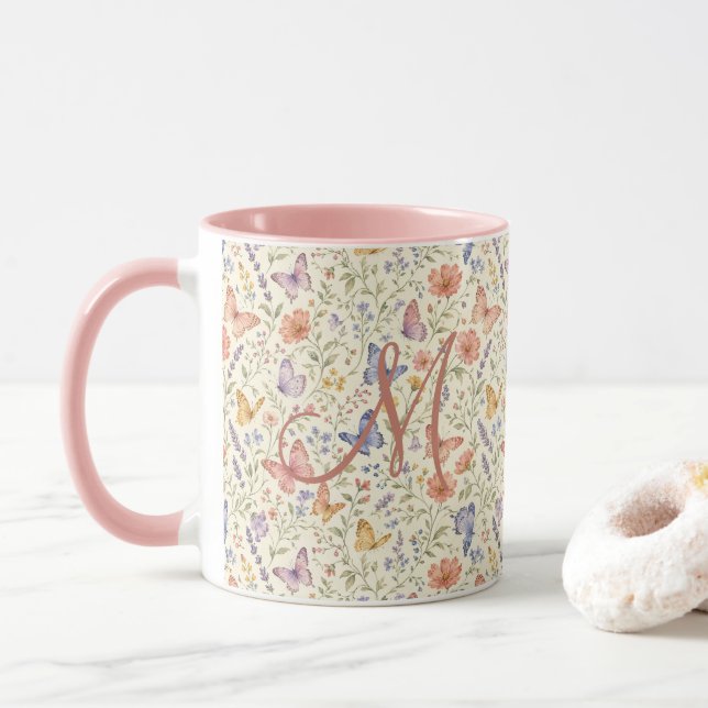 Monogram Fjärilar Vattenfärg Blommor Gåva Till Hen Mugg (Med munk)