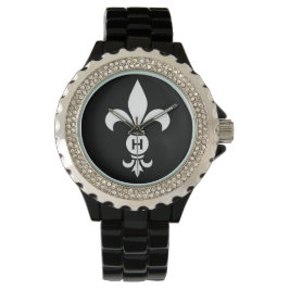 Monogram Fleur De Lis Modern Simple Black & White Armbandsur