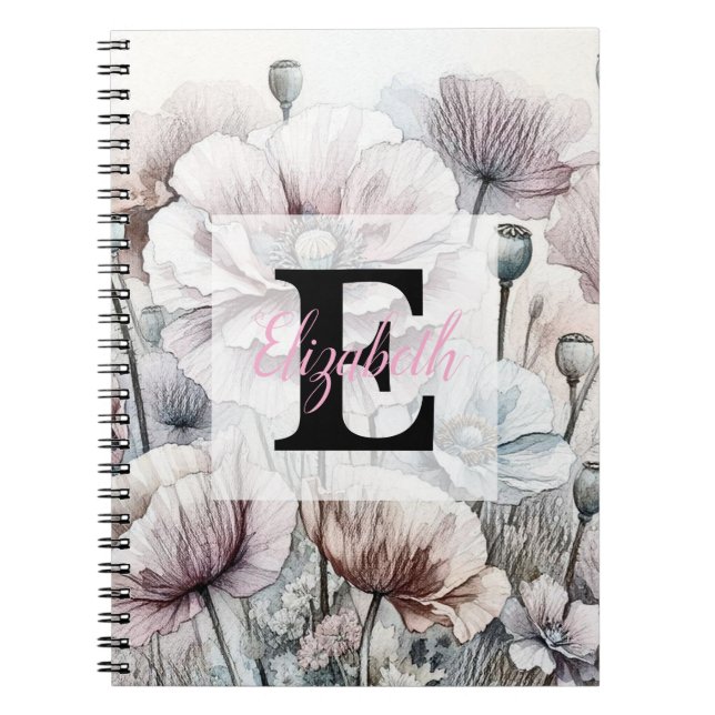 Monogram floral drawing pink pastel poppy flowers  anteckningsbok (Framsidan)
