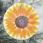 Monogram Floral Julgransprydnad Keramik<br><div class="desc">This unique keepsake ornament is decorated with a yellow watercolor sunflower and stylish typography.
Easily customizable.
Original Watercolor © Michele Davies.</div>