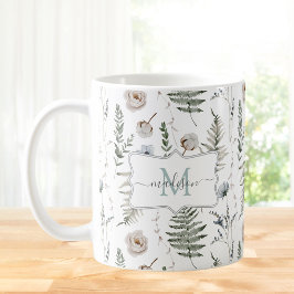 Monogram Flowers and Fern Lövs Blommigt Botanical Kaffemugg