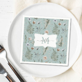 Monogram Flowers and Fern Lövs Blommigt Botanical Pappersservett