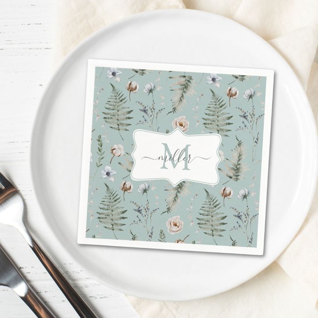 Monogram Flowers and Fern Lövs Blommigt Botanical Pappersservett (In situ)