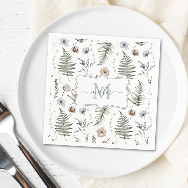 Monogram Flowers and Fern Lövs Blommigt Botanical Pappersservett (In situ)