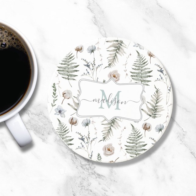 Monogram Flowers and Fern Lövs Blommigt Botanical Underlägg (In situ)