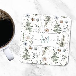 Monogram Flowers and Fern Lövs Blommigt Botanical Underlägg Papper Kvadrat