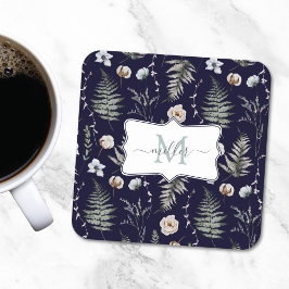 Monogram Flowers and Fern Lövs Blommigt Botanical Underlägg Papper Kvadrat