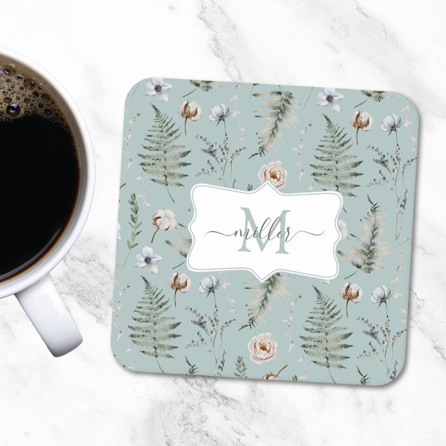 Monogram Flowers and Fern Lövs Blommigt Botanical Underlägg Papper Kvadrat (In situ)